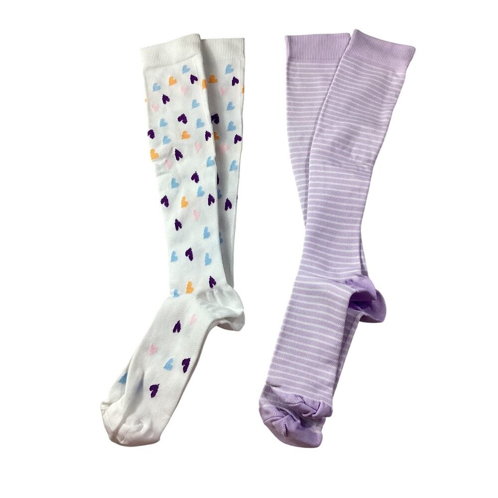 Womens X-Large Knee-High Socks 2-Pack White With Hearts & Lavender Striped*NIP